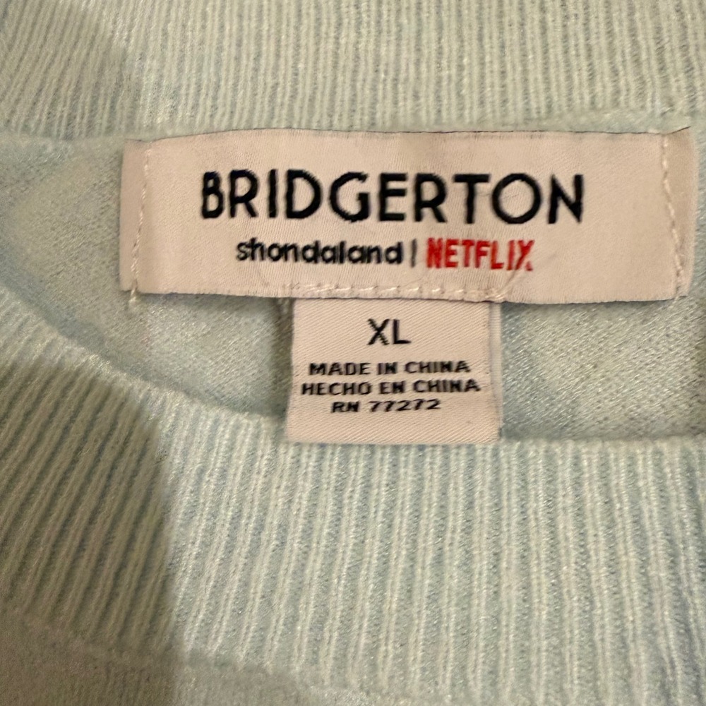 Bridgerton Netflix Light Blue Lace Bow Applique Knit Sweater XL Coquette Regency - Picture 4 of 7